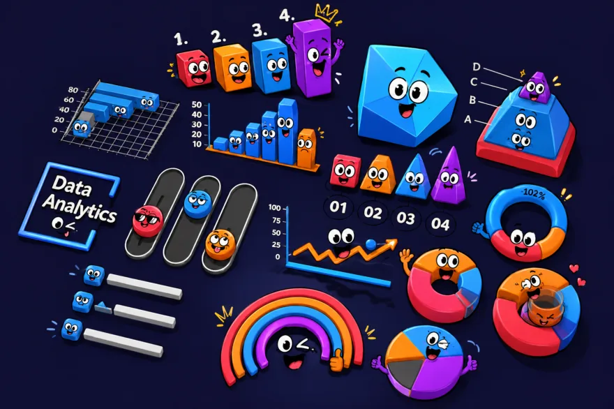 Playful 3D illustration of charts, gauges and data shapes drawn as smiling characters on a dark navy background