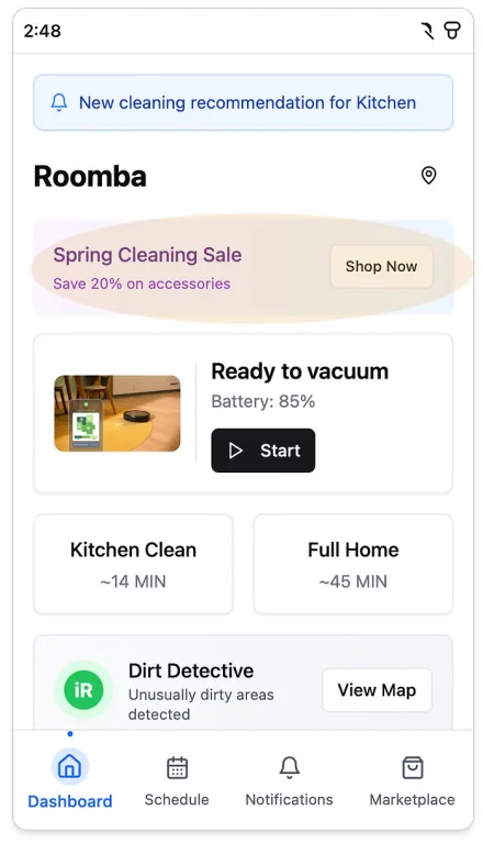 Concierge smart-home dashboard concept — Roomba status, routines, marketplace promo, and bottom-tab nav