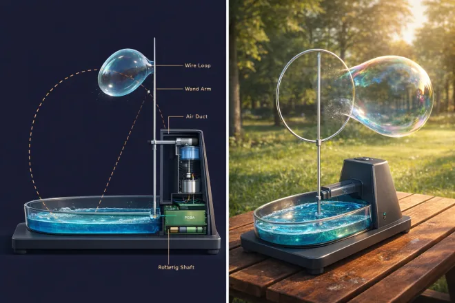 Electrum example output — labeled cross-section illustration of an automated bubble maker next to a photorealistic render of the same product on a wooden table
