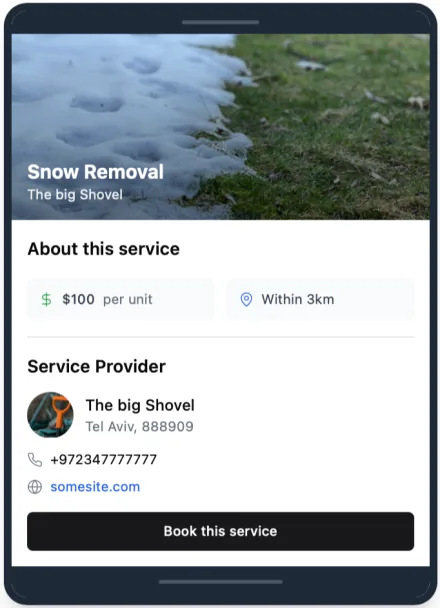 Vendor Platform concept — Snow Removal service listing with price, distance, provider profile, and Book this service CTA